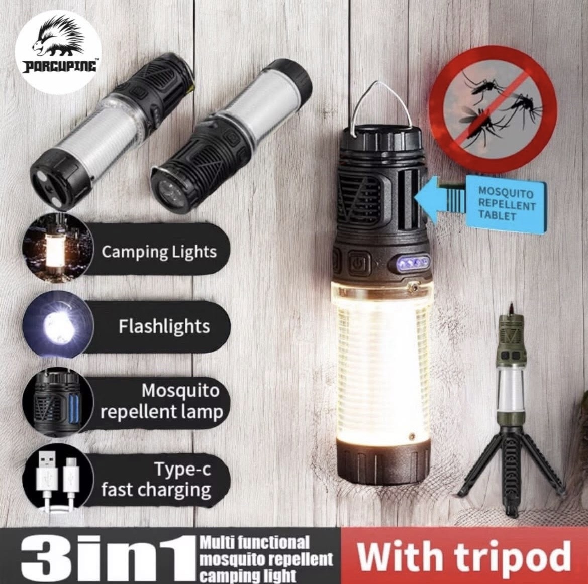 โคมไฟLED 3 in 1 พกพาให้แสงสว่างพร้อมทั้งปกป้องคุณจากยุงตัวร้ายได้